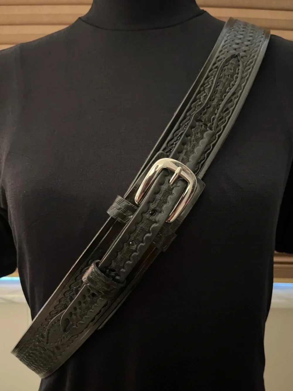 Cabela's Black Tooled Leather Western Belt with Silver Buckle